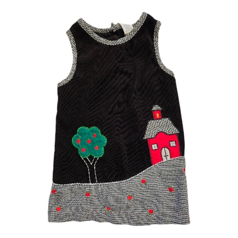 Vintage Y2k Little Red Schoolhouse Apple Tree Applique Dress